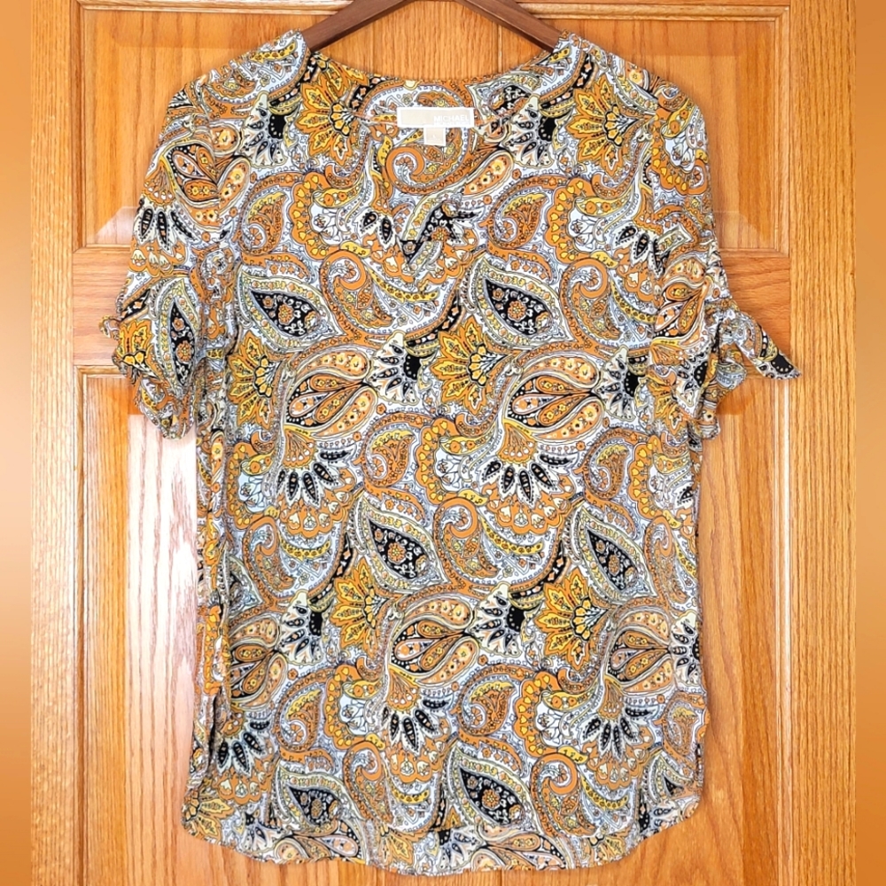 Michael Michael Kors Boho Paisley Tie Short Sleeve Blouse Mustard Black Sz L